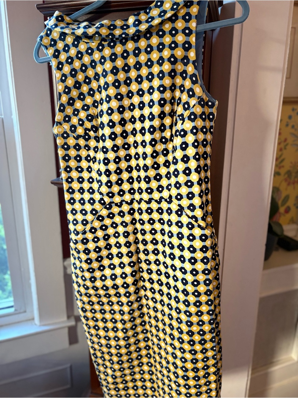 Boden Yellow and Black Sleeveless Midi Dress with Geometric Dot Pattern